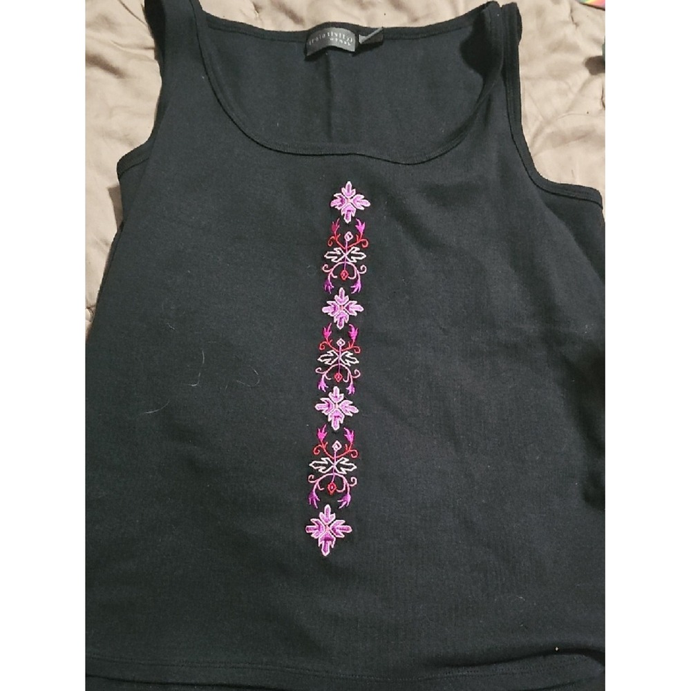 Relativity Woman Black Cotton Embroidered Floral Tank Top 1X